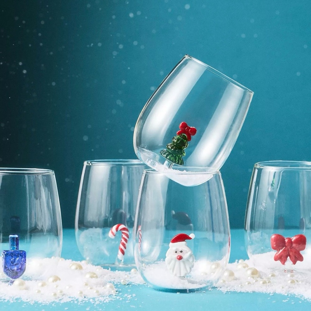 Anthropologie Jolly Icon Stemless Wine Glass | Christmas | Christmas Tree | NEW